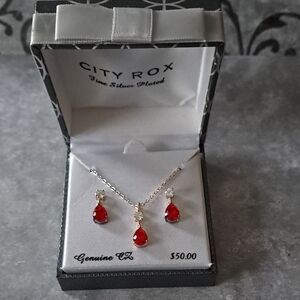 Kohl's Silver Plated Genuine CZ Necklace and Earring Set with Red Stones